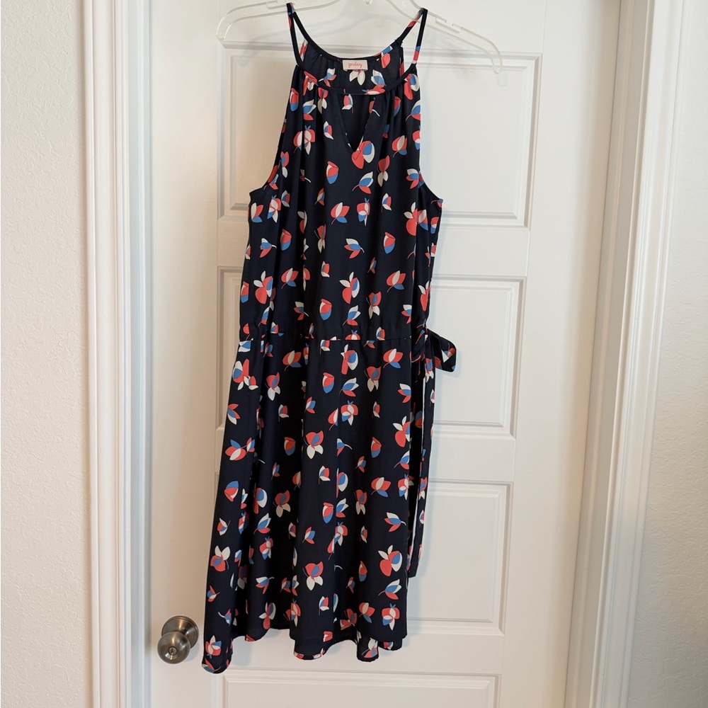 Pixley Navy Sleeveless Floral Print Halter Dress with Red & Blue Accents